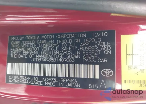 2011 Toyota Yaris from USA, damaged, VIN JTDBT4K38B1409083
